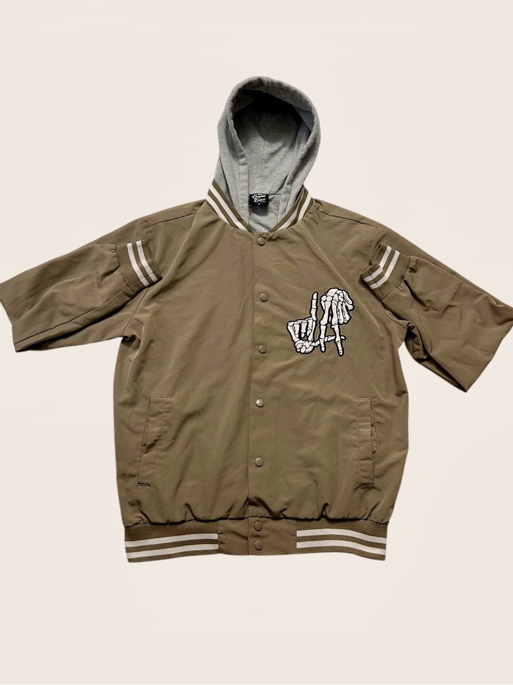 Original Deluxe Supply Olive Hooded Varsity Bomber Jacket Skeleton LA Men's M